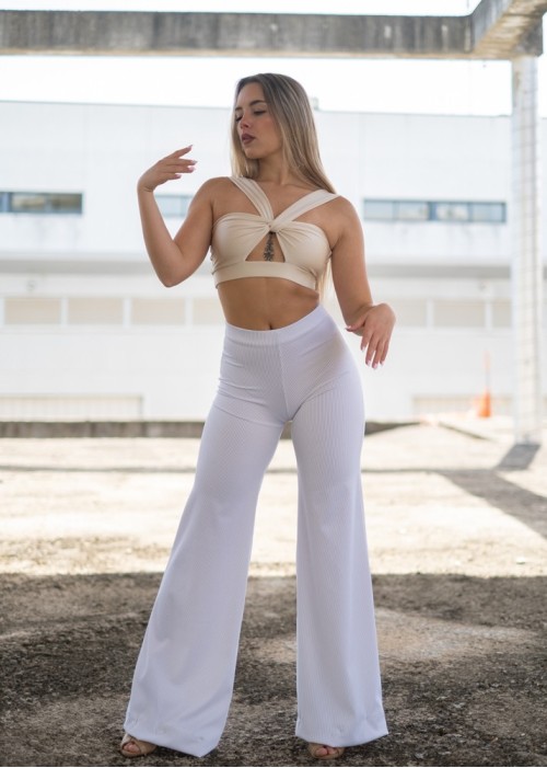 Pantalón recto blanco lineas doradas